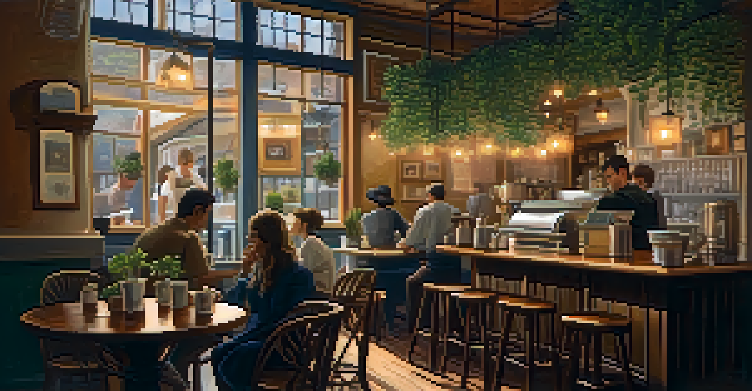 A warm café scene with rustic furniture, a barista preparing coffee, and patrons in conversation.