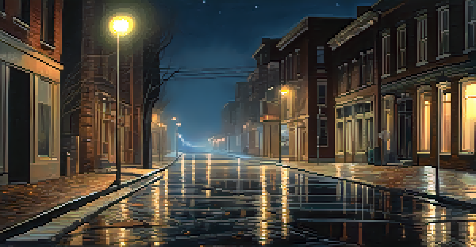 An empty street at night with a flickering streetlight and rustling leaves, creating an atmosphere of suspense.