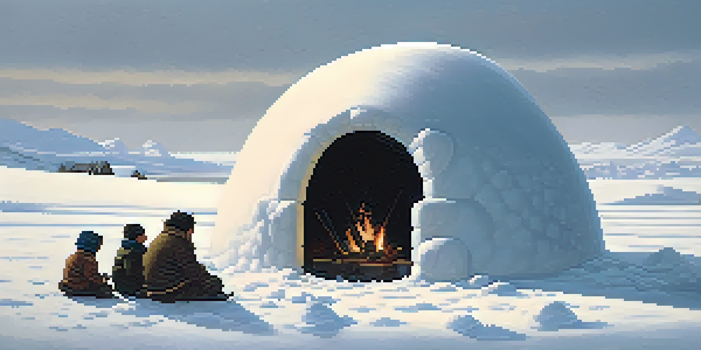 A snowy landscape depicting an Inuit family engaged in traditional activities, such as building an igloo and fishing.