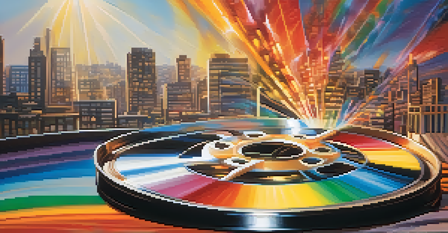 A colorful film reel unwinding with vibrant colors and a blurred cityscape in the background.