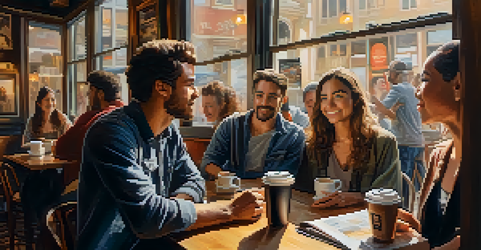 A local filmmaker and diverse artists discuss scripts in a cozy café, with warm light and local artwork around them.