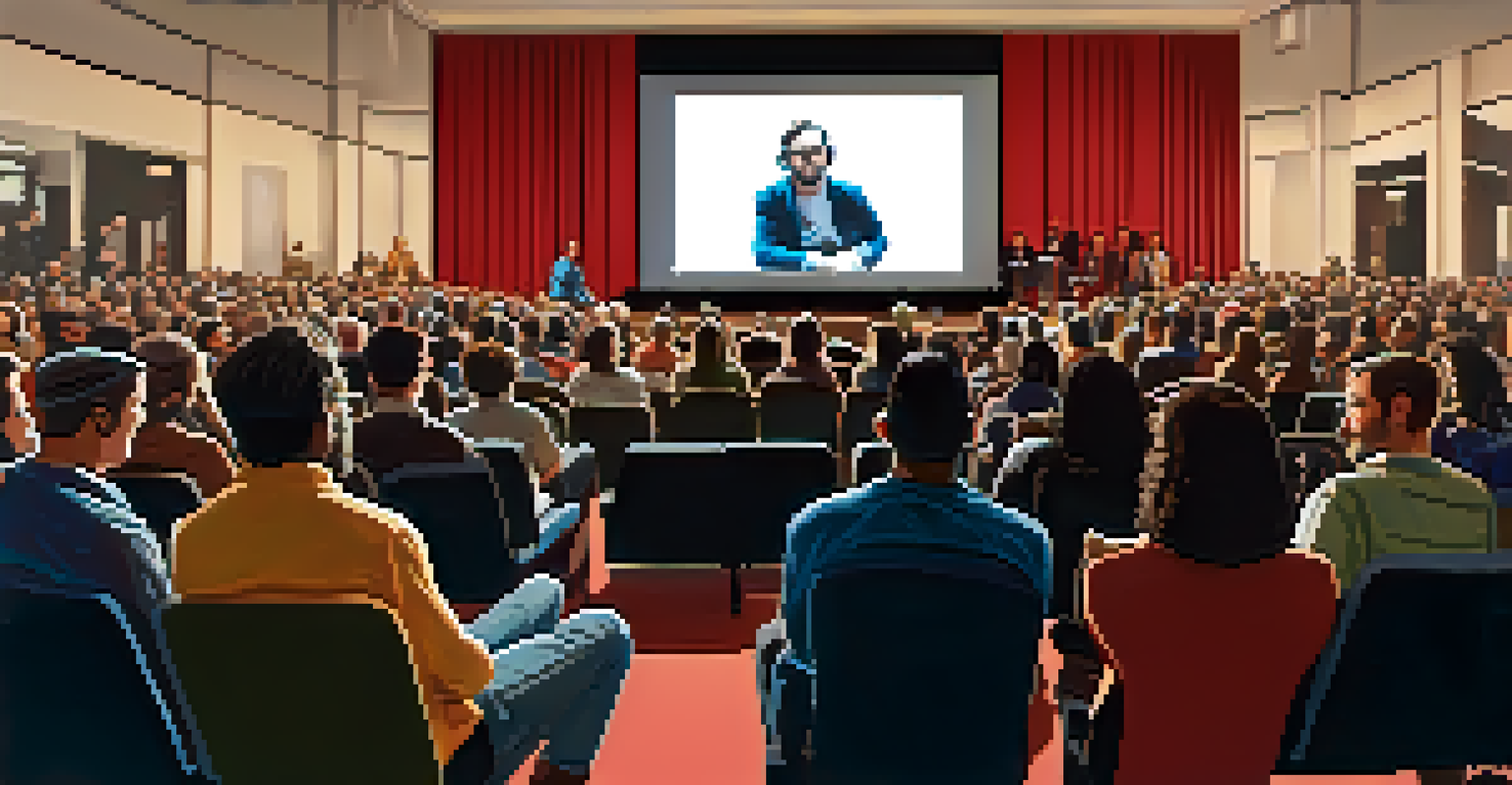 A filmmaker presenting their work during a panel discussion at a film festival, with a projector displaying a film frame behind them and an attentive audience.