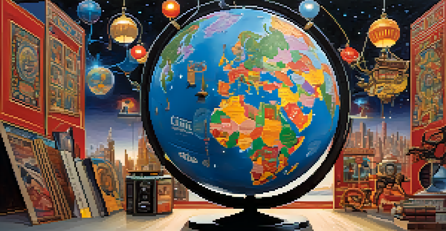 A globe surrounded by iconic film elements from different cultures, illuminated with colorful lights.