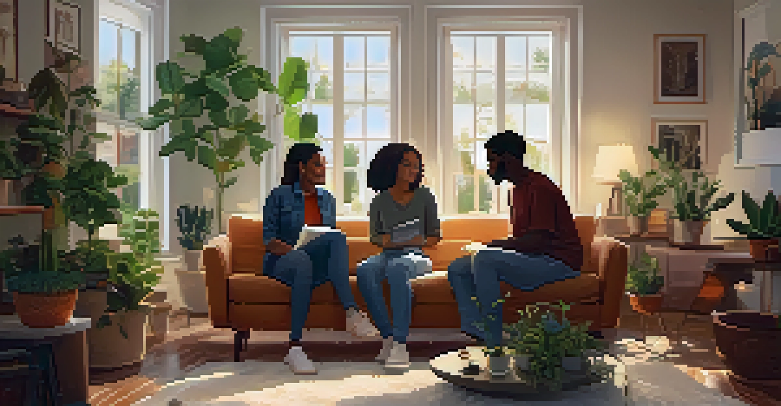 A diverse group of friends having a supportive conversation in a cozy living room.