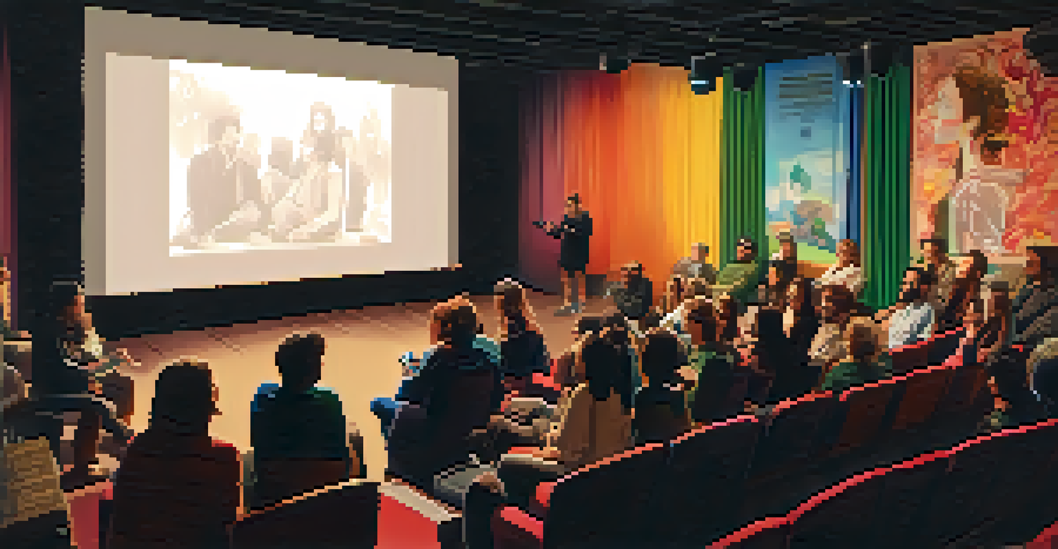 An indoor film screening with filmmakers and audience members discussing animatedly, soft lighting, comfortable seating, and a projector displaying a film still.