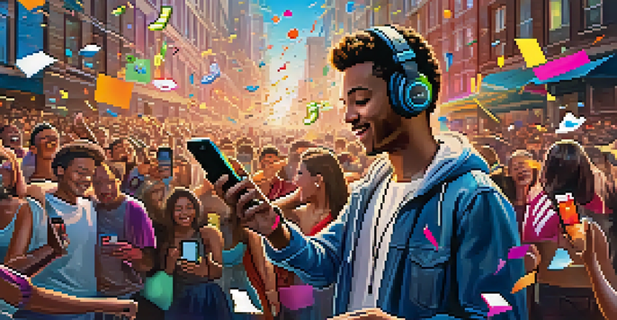 A celebrity sharing music on social media with fans reacting in an urban setting.