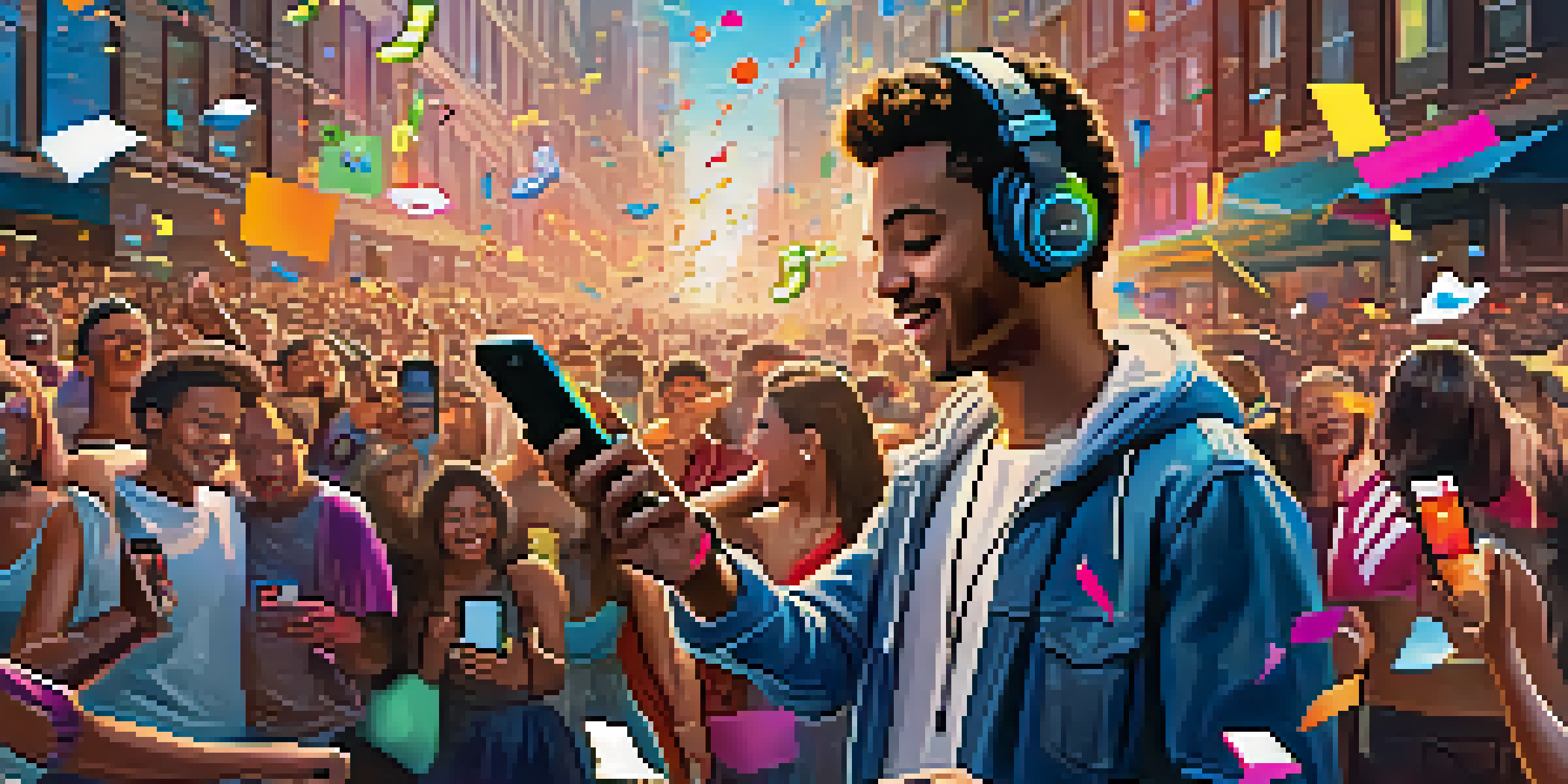 A celebrity sharing music on social media with fans reacting in an urban setting.