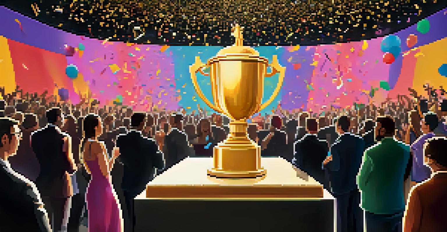 An artistic depiction of an award ceremony with a trophy and streaming service logos, celebrating achievements.