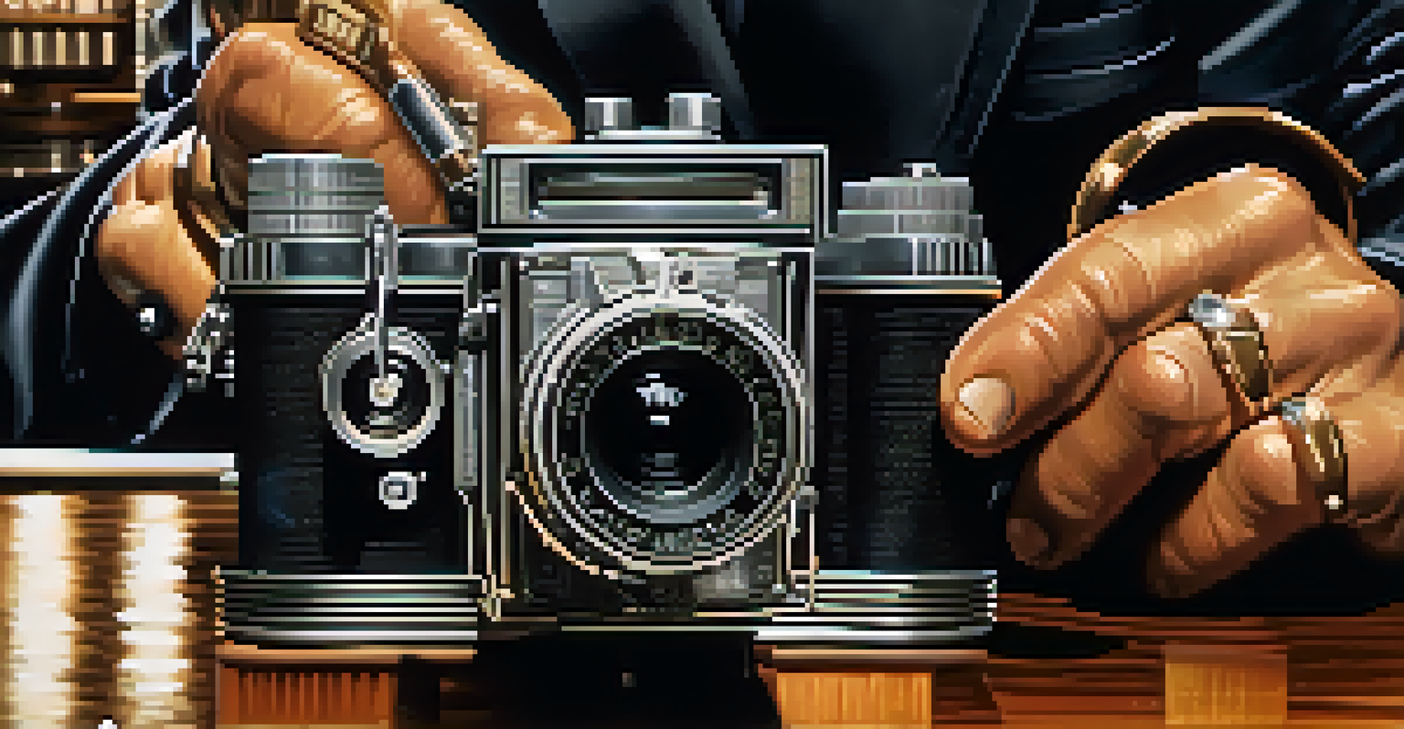 A director's hands holding a vintage film camera on a busy film set, with a focus on the intricate details.