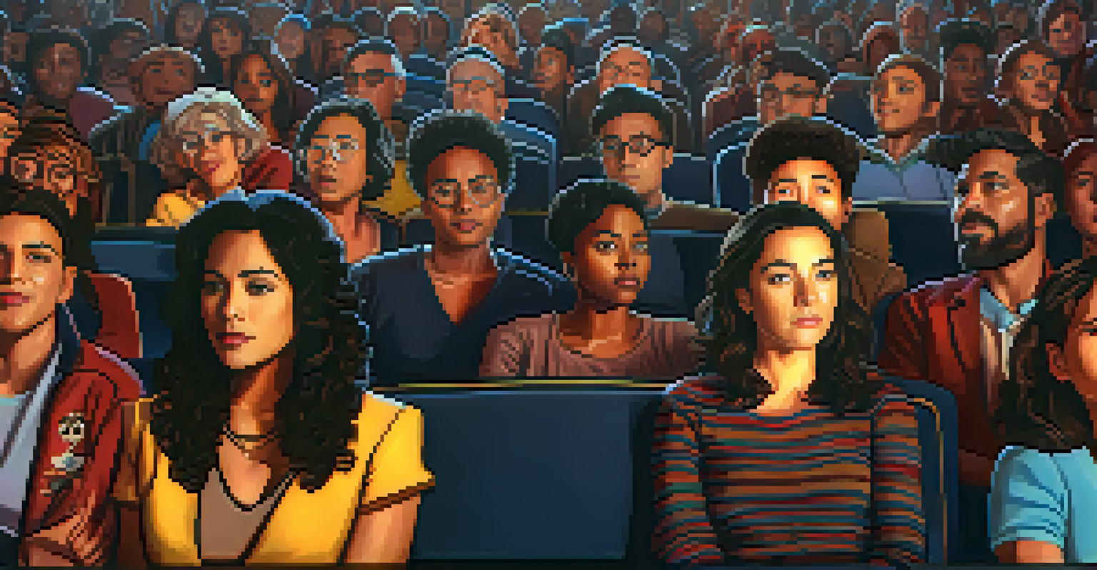 A close-up of a diverse audience in a theater, illuminated by the screen light, reflecting engagement and connection with the film.