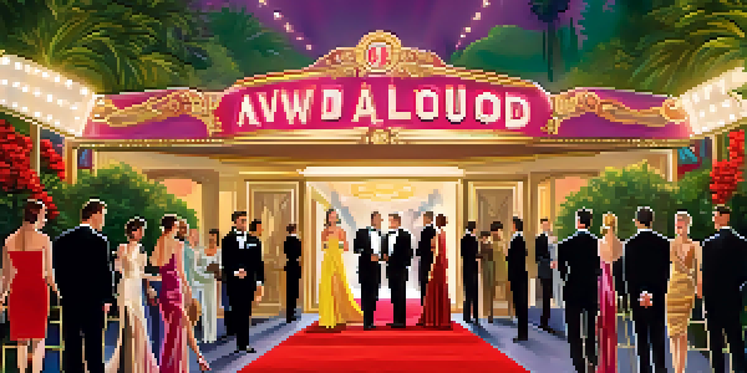 A red carpet event with celebrities dressed in elegant attire, bright lights illuminating the area, and a Hollywood sign in the background.