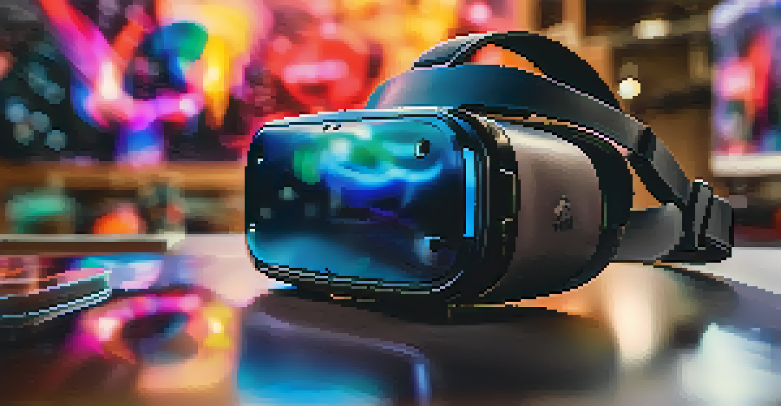 A close-up of a VR headset on a table, with reflections of a vibrant digital world on the lenses.