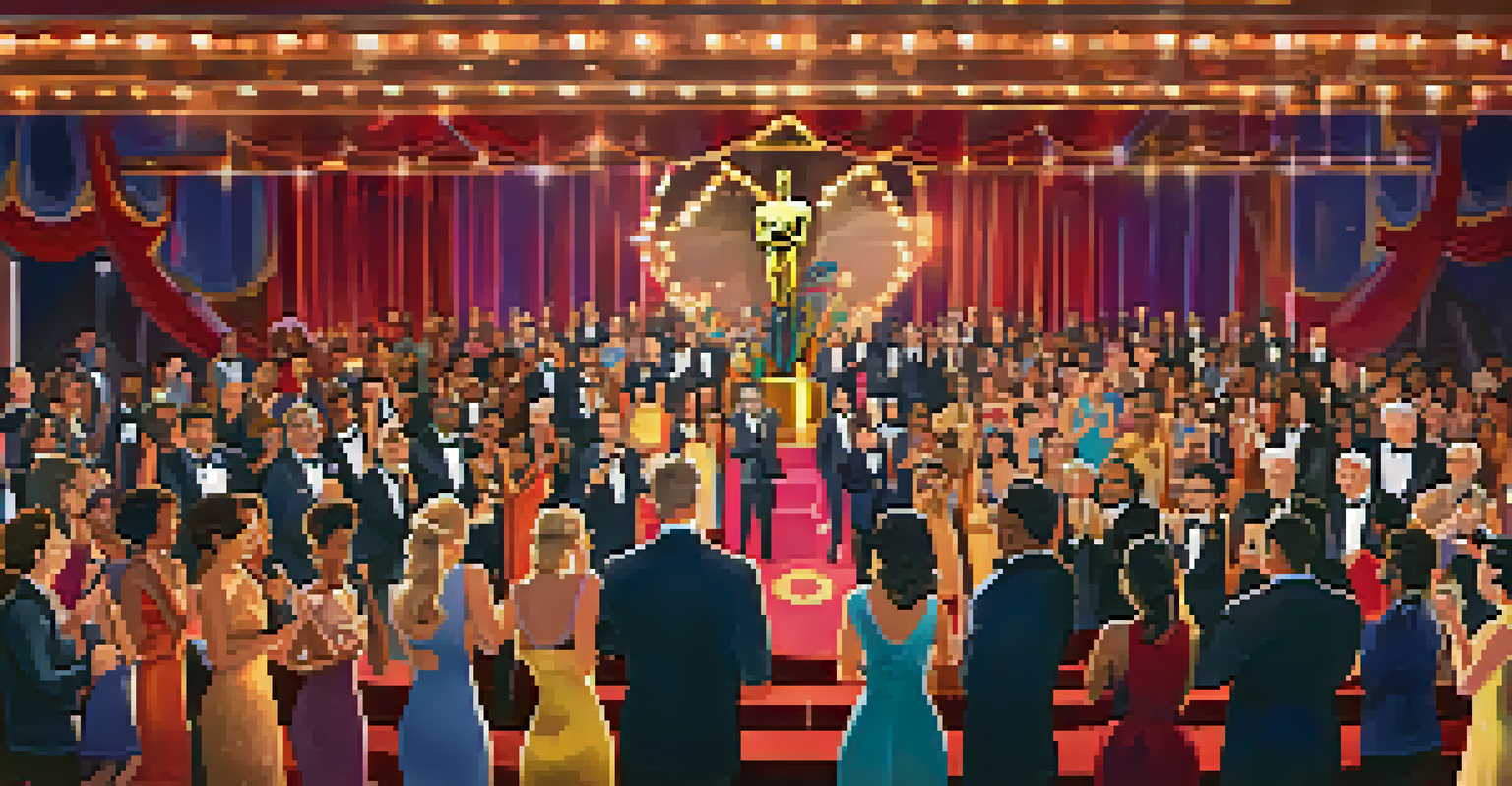 Diverse nominees at an awards ceremony holding their Oscar statuettes while the audience applauds.