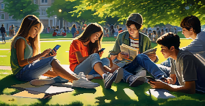 A diverse group of teenagers in a park, engaging in activities like reading and playing music, with a sunset in the background.