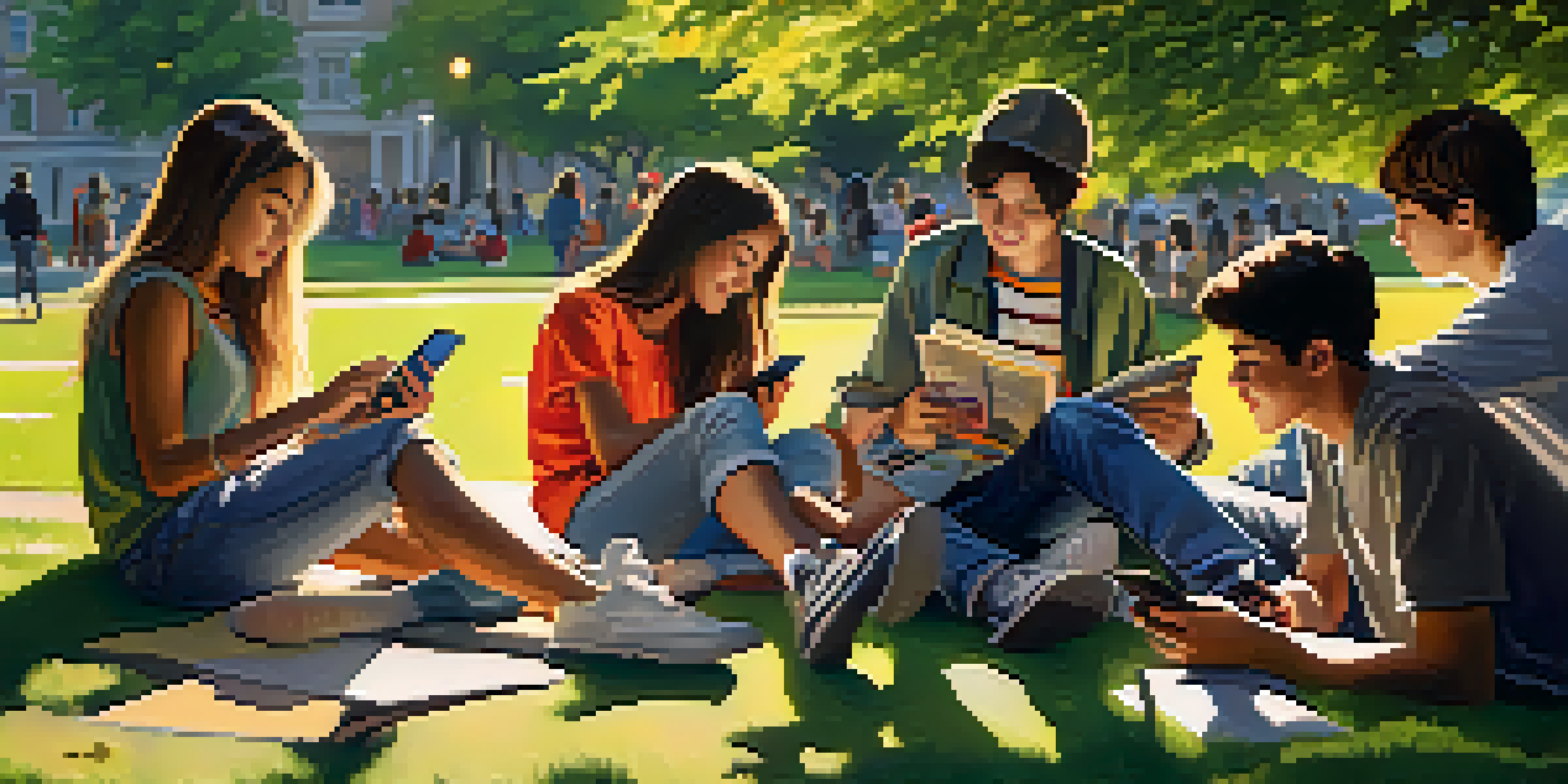 A diverse group of teenagers in a park, engaging in activities like reading and playing music, with a sunset in the background.