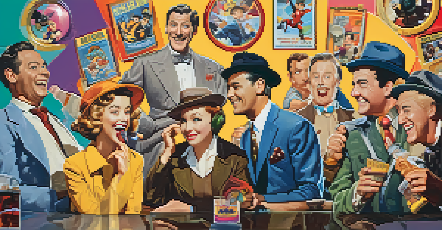 An illustration of iconic characters from classic comedies in a comic strip style with vibrant colors and film elements.