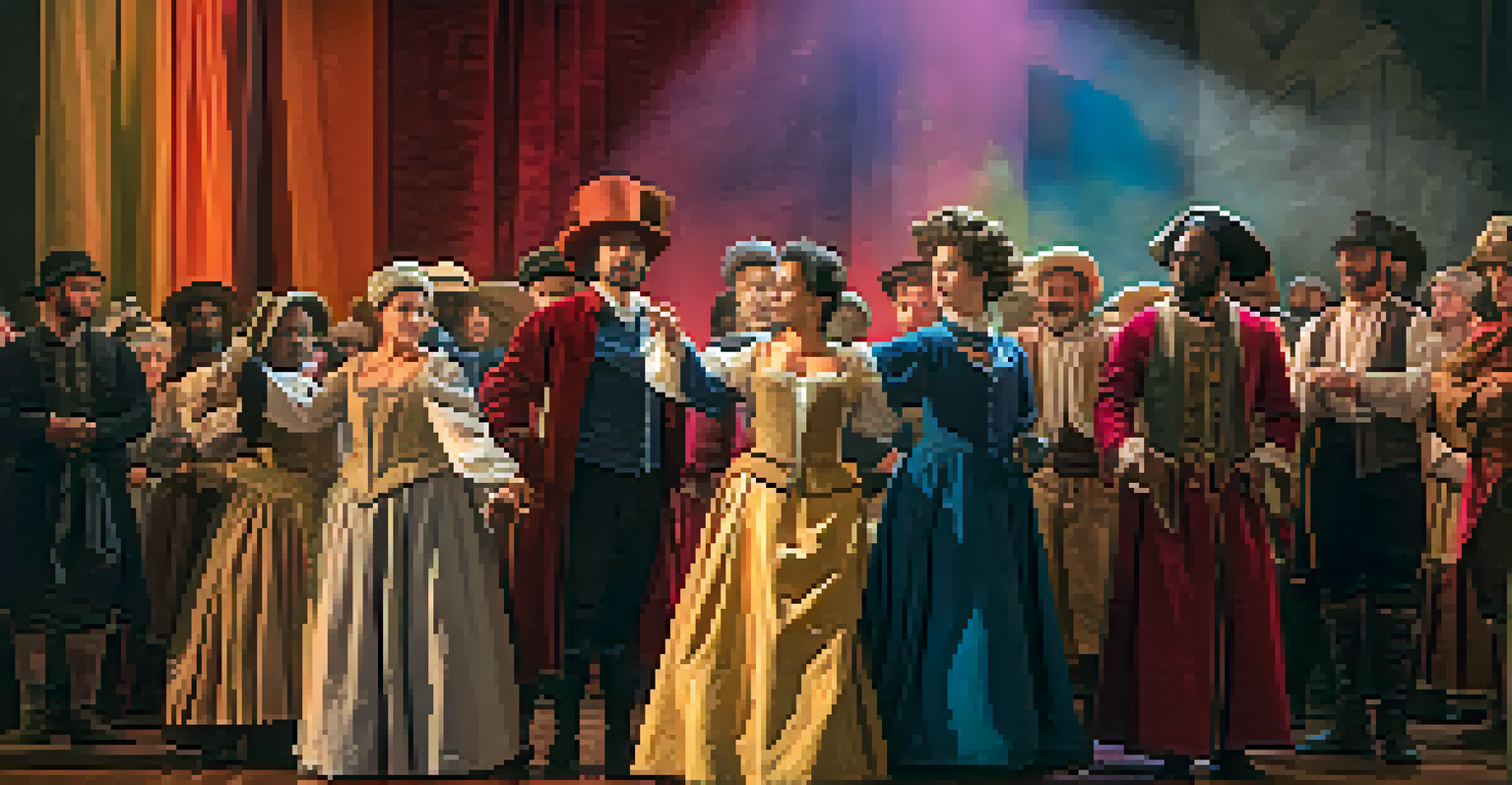A group of actors in period costumes rehearsing on a colorful stage.