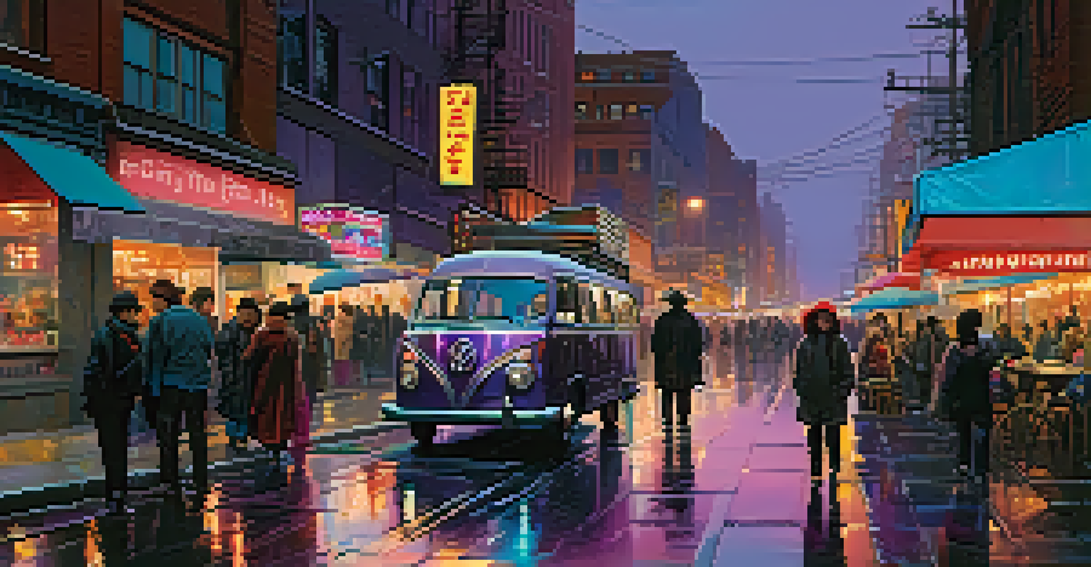 A vibrant city street at dusk, illuminated by neon signs and filled with people.