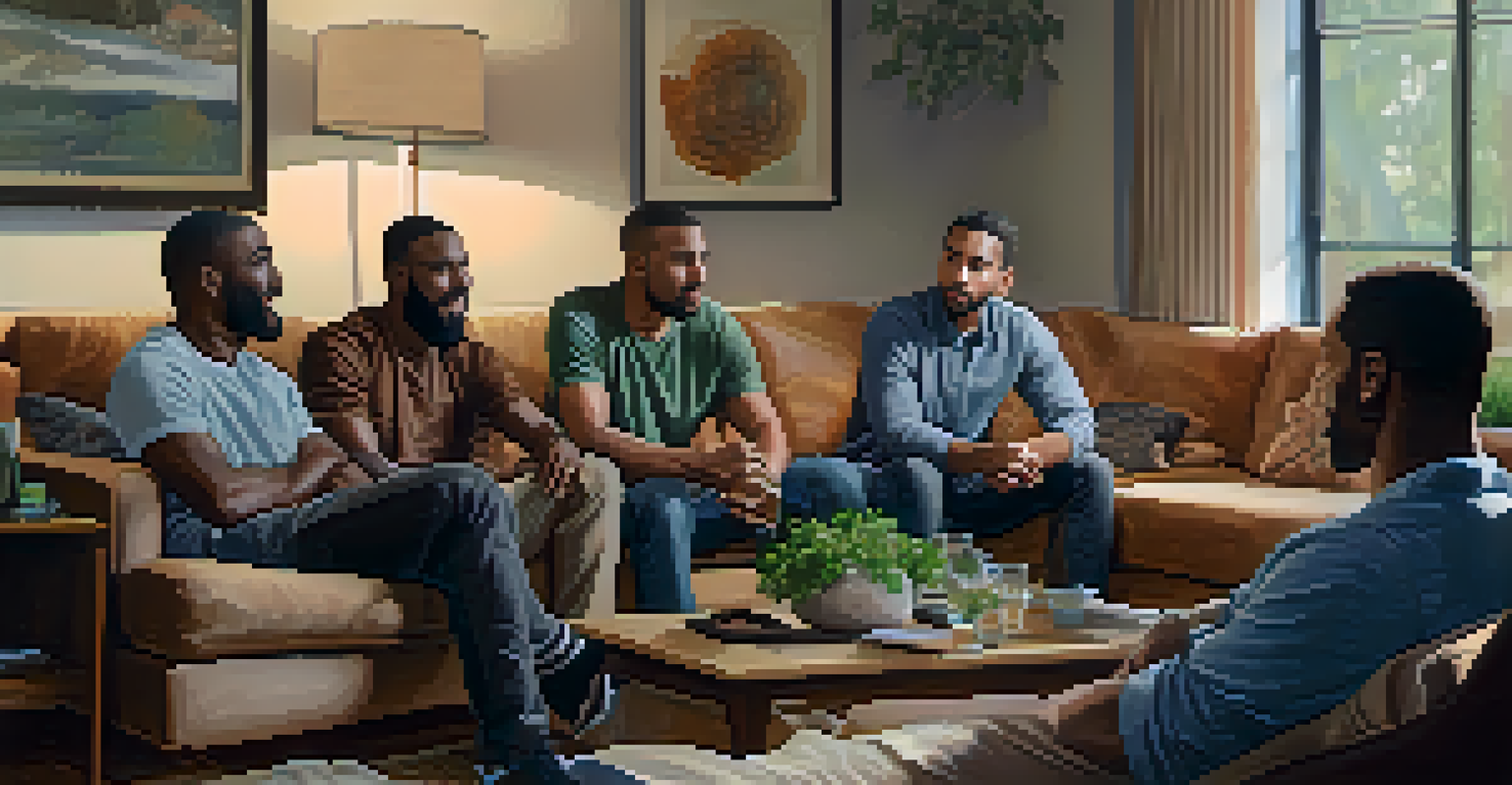 A diverse group of men having a heartfelt discussion in a cozy living room, emphasizing connection and understanding.