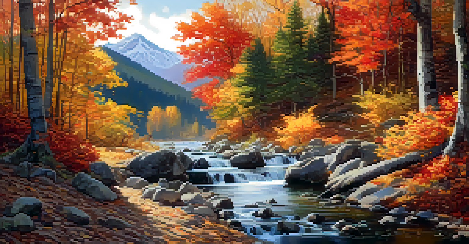 A peaceful autumn forest scene with sunlight filtering through colorful leaves and a gentle stream flowing, set against majestic mountains.