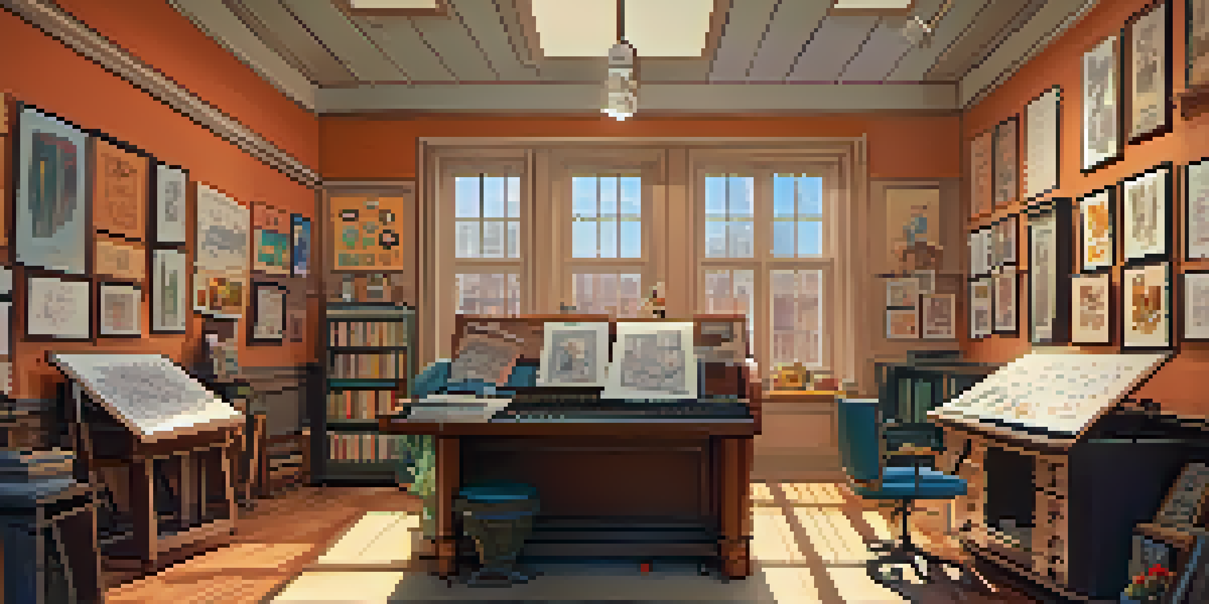 A colorful hand-drawn animation studio with sketches and artist tools, warm lighting, and framed illustrations from classic films.