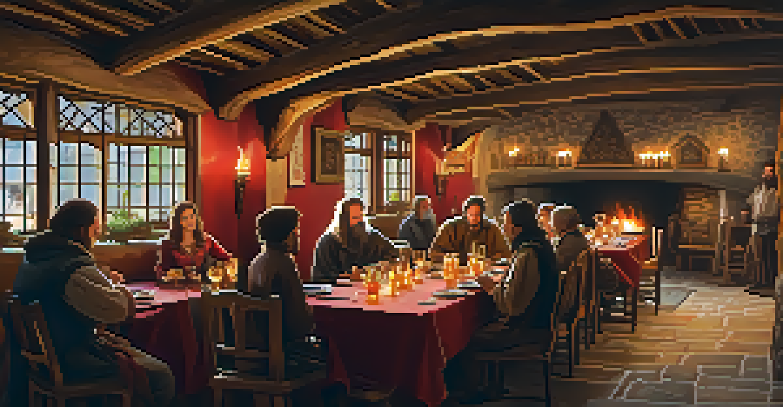 A medieval tavern set with wooden beams, stone walls, and candlelight, filled with lively patrons.