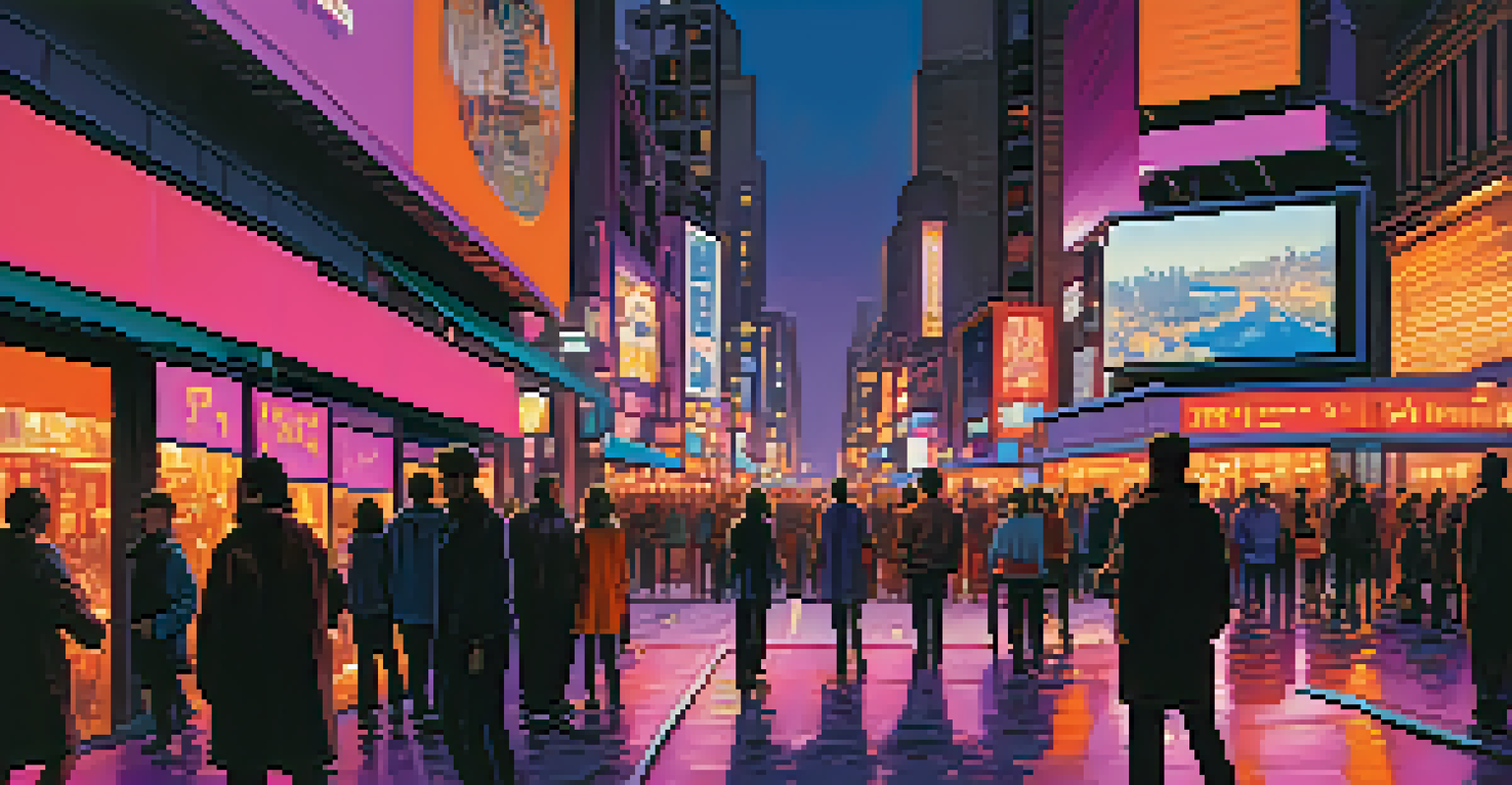 A cityscape at dusk with billboards showcasing graphic novel art, and a vibrant purple and orange sky.