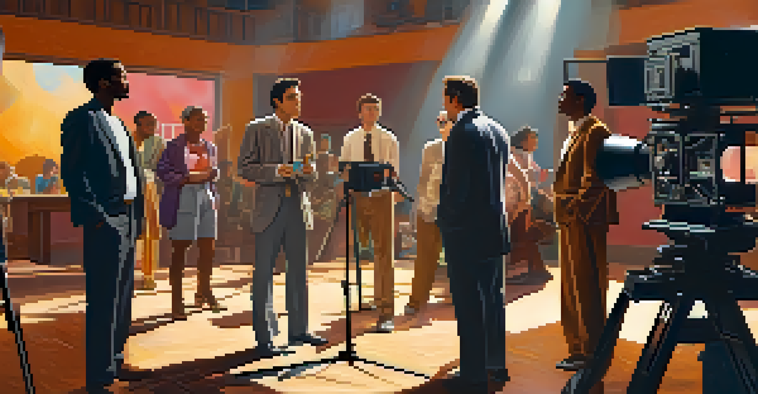 A film director on set engaging with a diverse cast amidst film equipment, illuminated by warm sunlight filtering through the set.