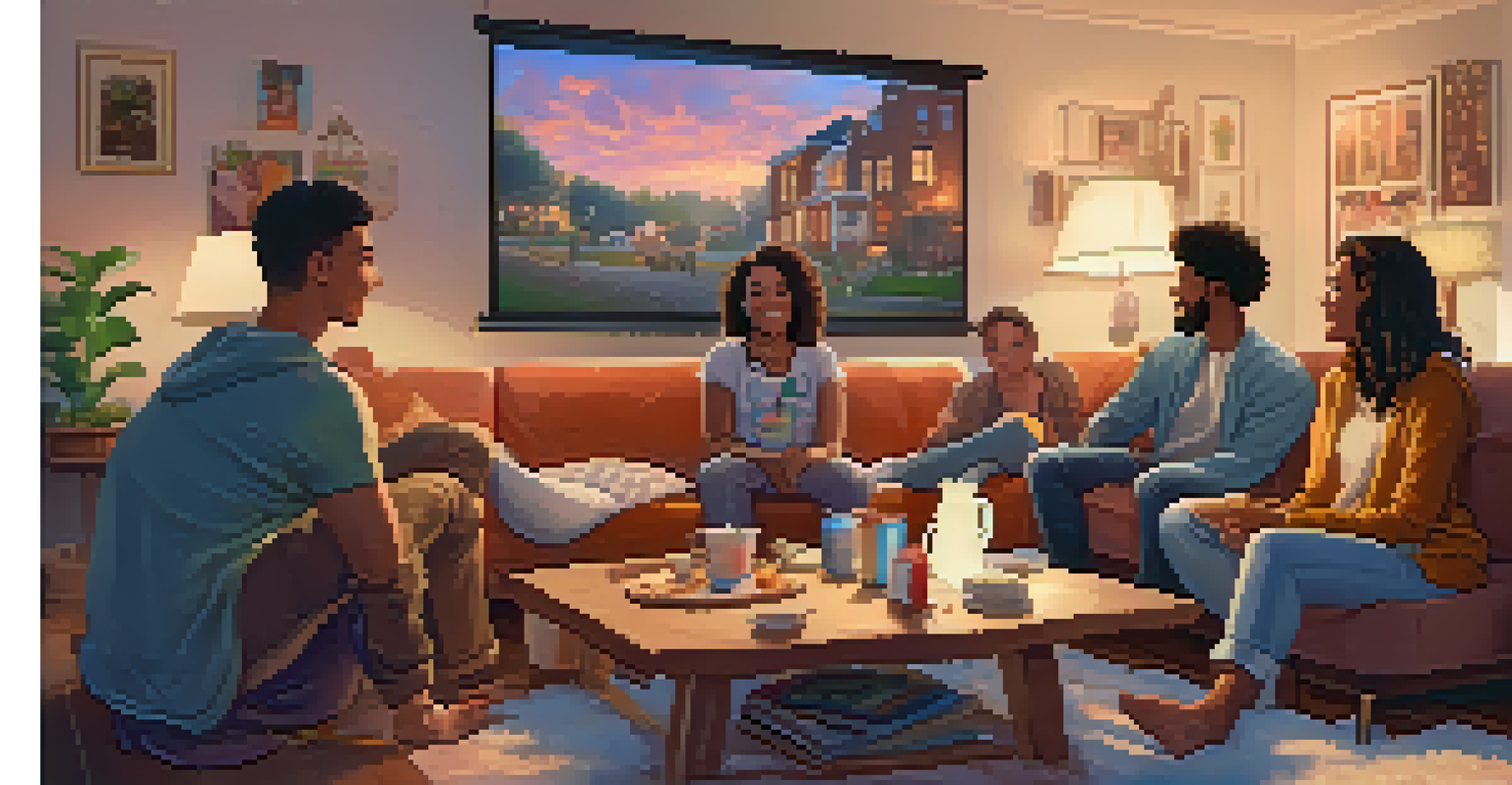 A diverse group of friends enjoying a LGBTQ+ themed film in a cozy living room filled with warm light and soft furnishings.