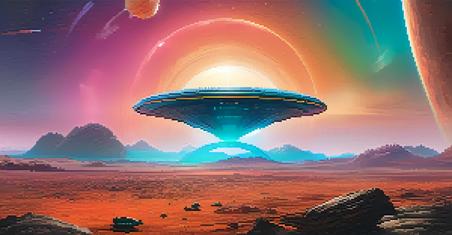 A futuristic spacecraft landing on a colorful alien planet, with dust clouds and vibrant vegetation surrounding it.