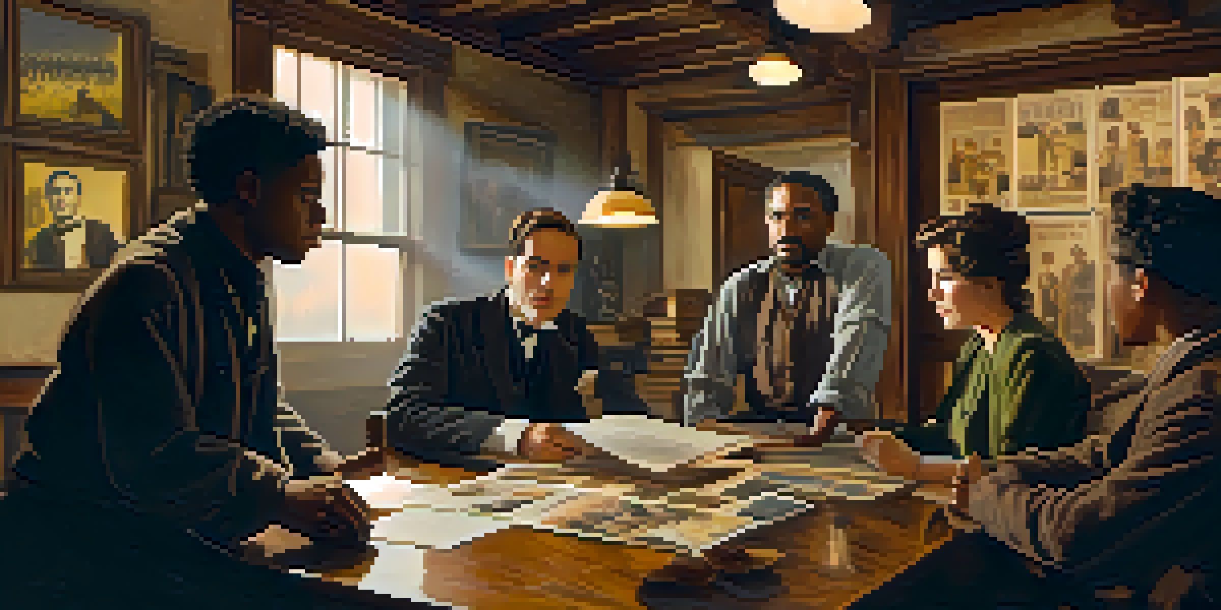 A diverse group of filmmakers discussing a script in a vintage film set with warm lighting and movie posters.