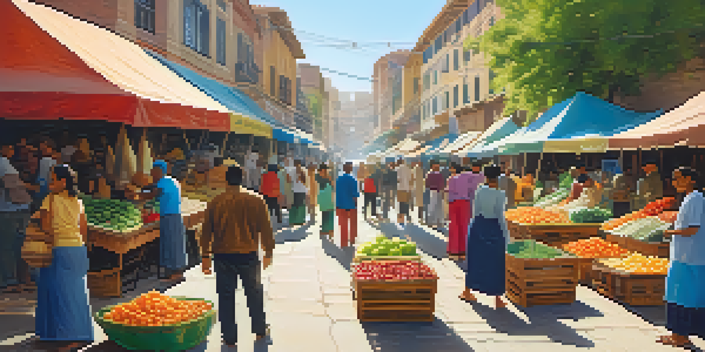 A colorful market scene with diverse vendors and shoppers communicating in different languages under warm sunlight.