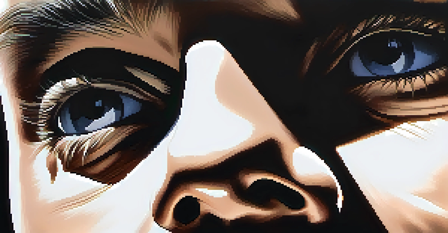 A close-up of a character's face with dramatic lighting, creating a mysterious and intense atmosphere.