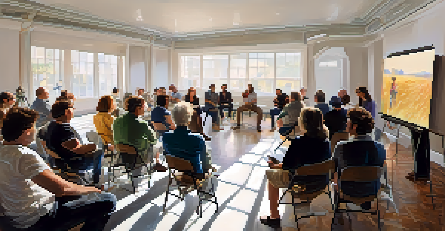 A workshop at a film festival with a panel of industry experts, participants taking notes, and natural light streaming through large windows.