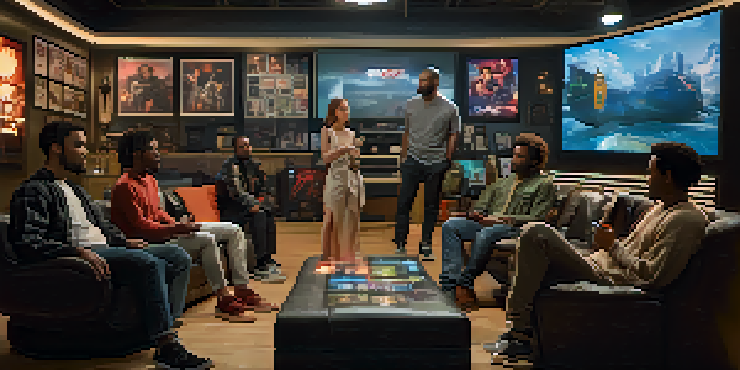 A diverse group of actors in a film studio discussing video game adaptations, with warm lighting and video game memorabilia around them.