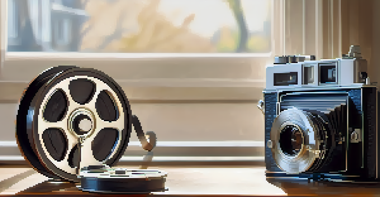 An old film reel next to a modern digital camera on a wooden table, symbolizing the evolution of filmmaking technology.