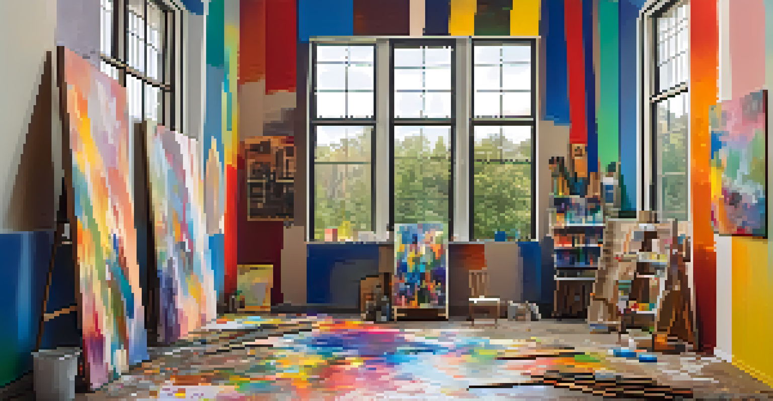 An artist's studio with colorful canvases and paintbrushes, featuring a large window that fills the room with natural light.