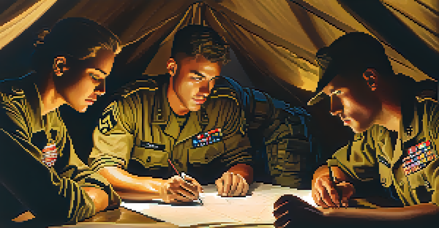 A diverse group of soldiers strategizing around a map in a dimly lit tent, showing collaboration and focus.
