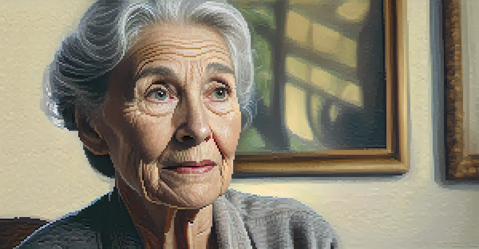 A close-up of an elderly woman sharing her story, with expressive features and warm lighting.