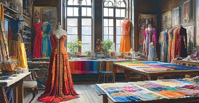 A costume design studio with colorful fabrics, sketches, and a designer working on intricate historical costumes, illuminated by natural light.