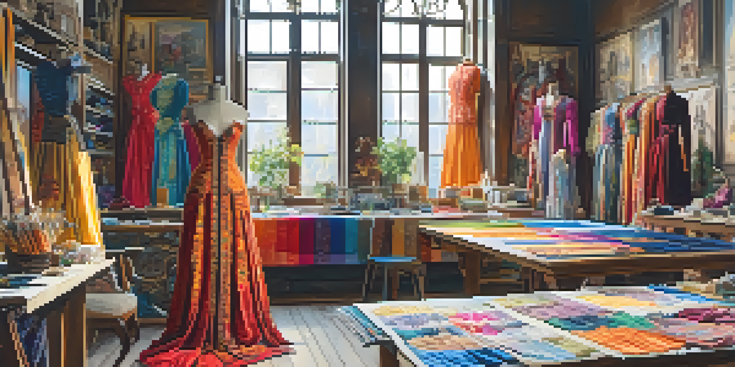 A costume design studio with colorful fabrics, sketches, and a designer working on intricate historical costumes, illuminated by natural light.