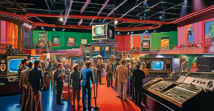 A busy 1980s television studio with vintage cameras, colorful lights, and crew members in period clothing, showcasing the excitement of that era.