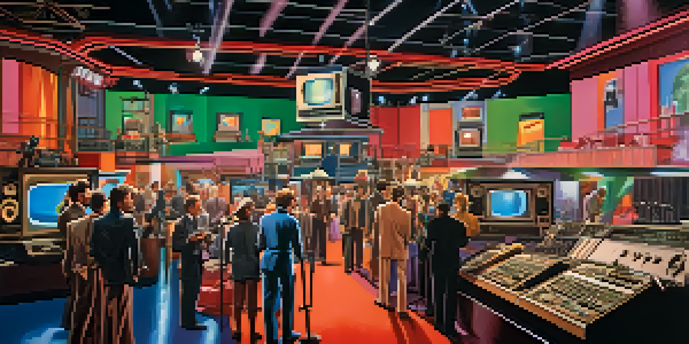 A busy 1980s television studio with vintage cameras, colorful lights, and crew members in period clothing, showcasing the excitement of that era.