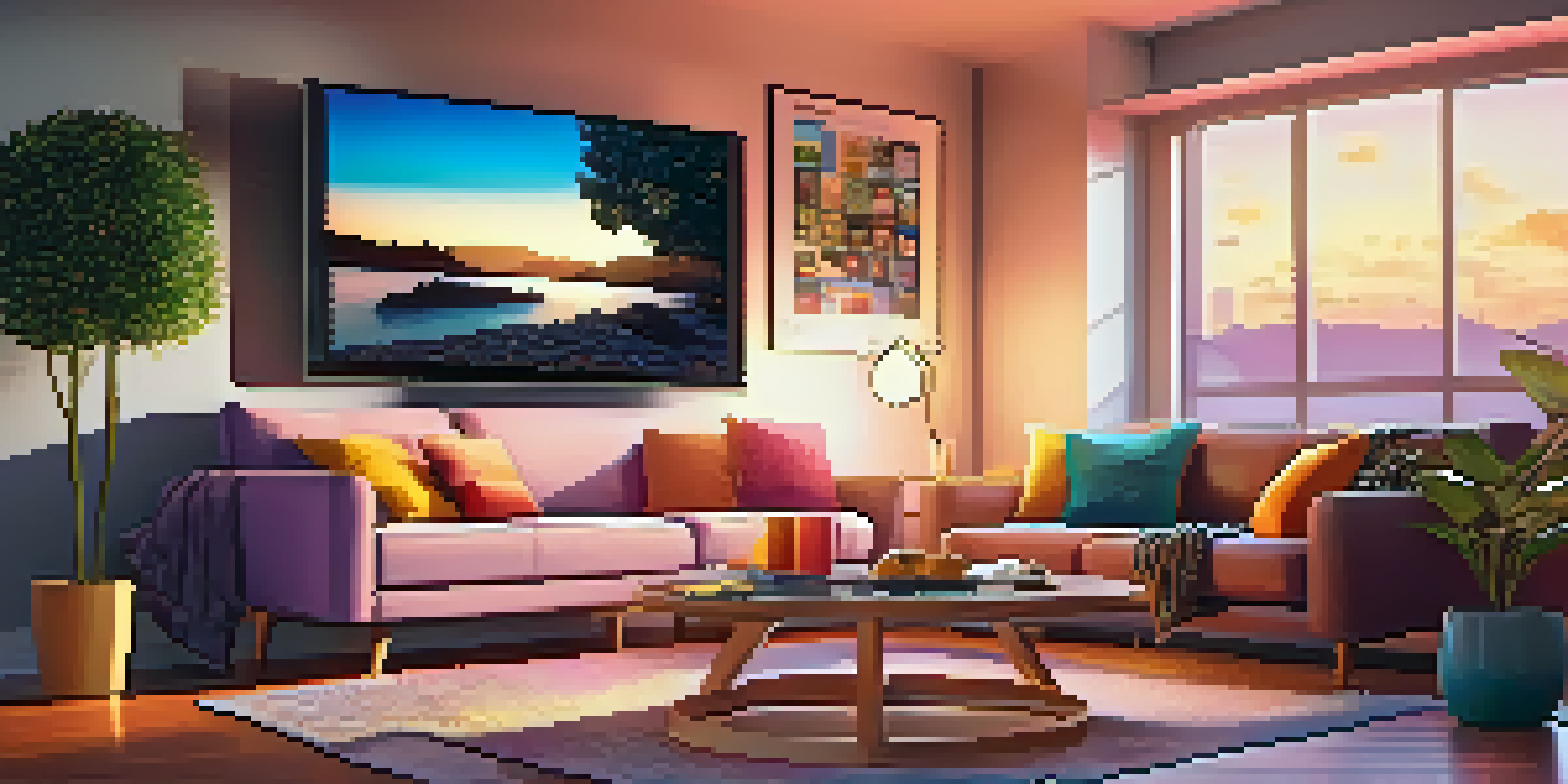 A warm and inviting living room with a large TV showing a streaming service, a plush sofa, and movie posters on the walls.