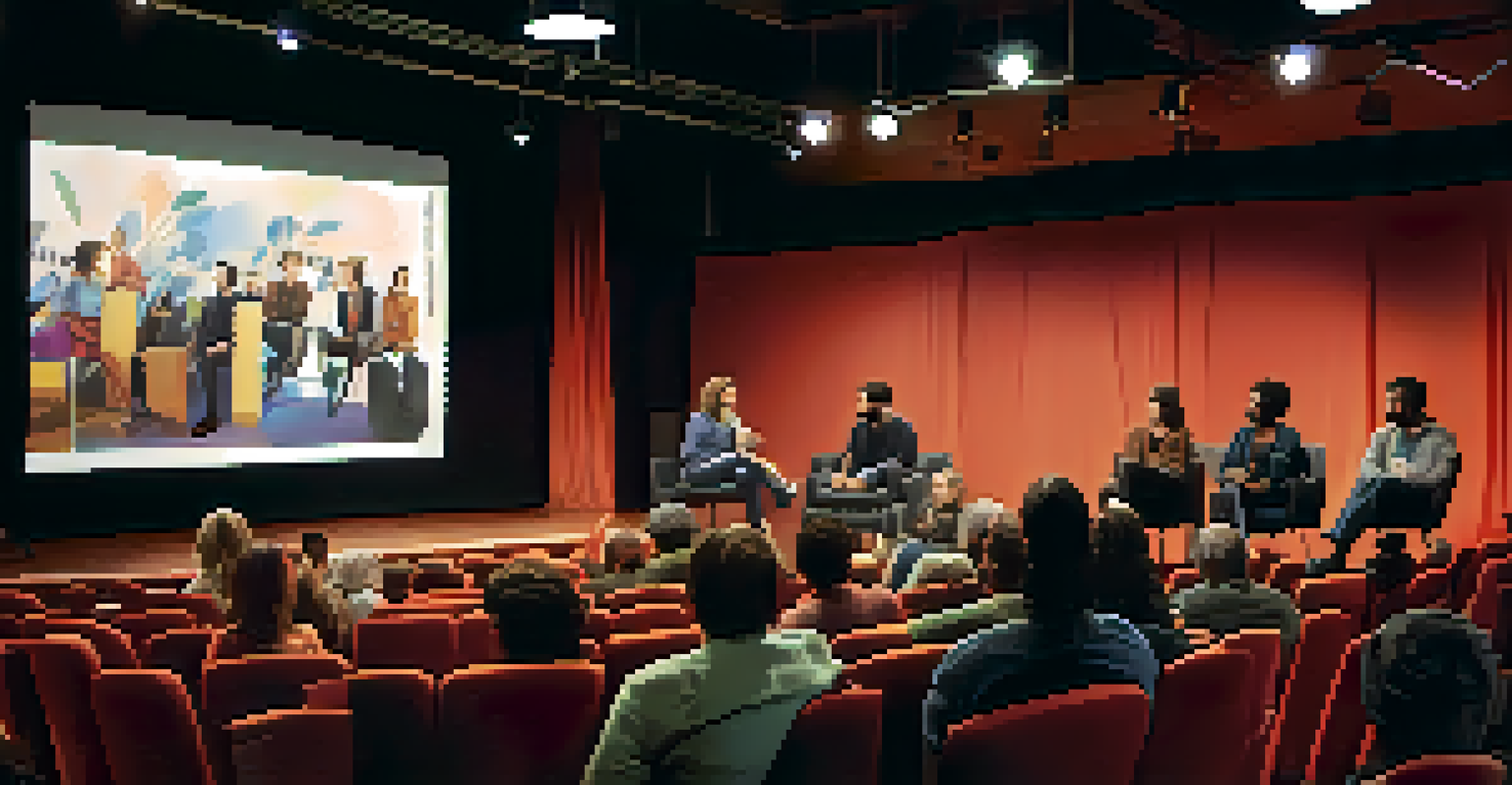 A panel discussion at a film festival with filmmakers on stage, soft lighting, and an engaged audience.
