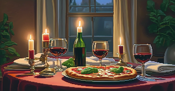 A romantic dinner setting with a pizza, candles, and a vintage television showing a romantic comedy.