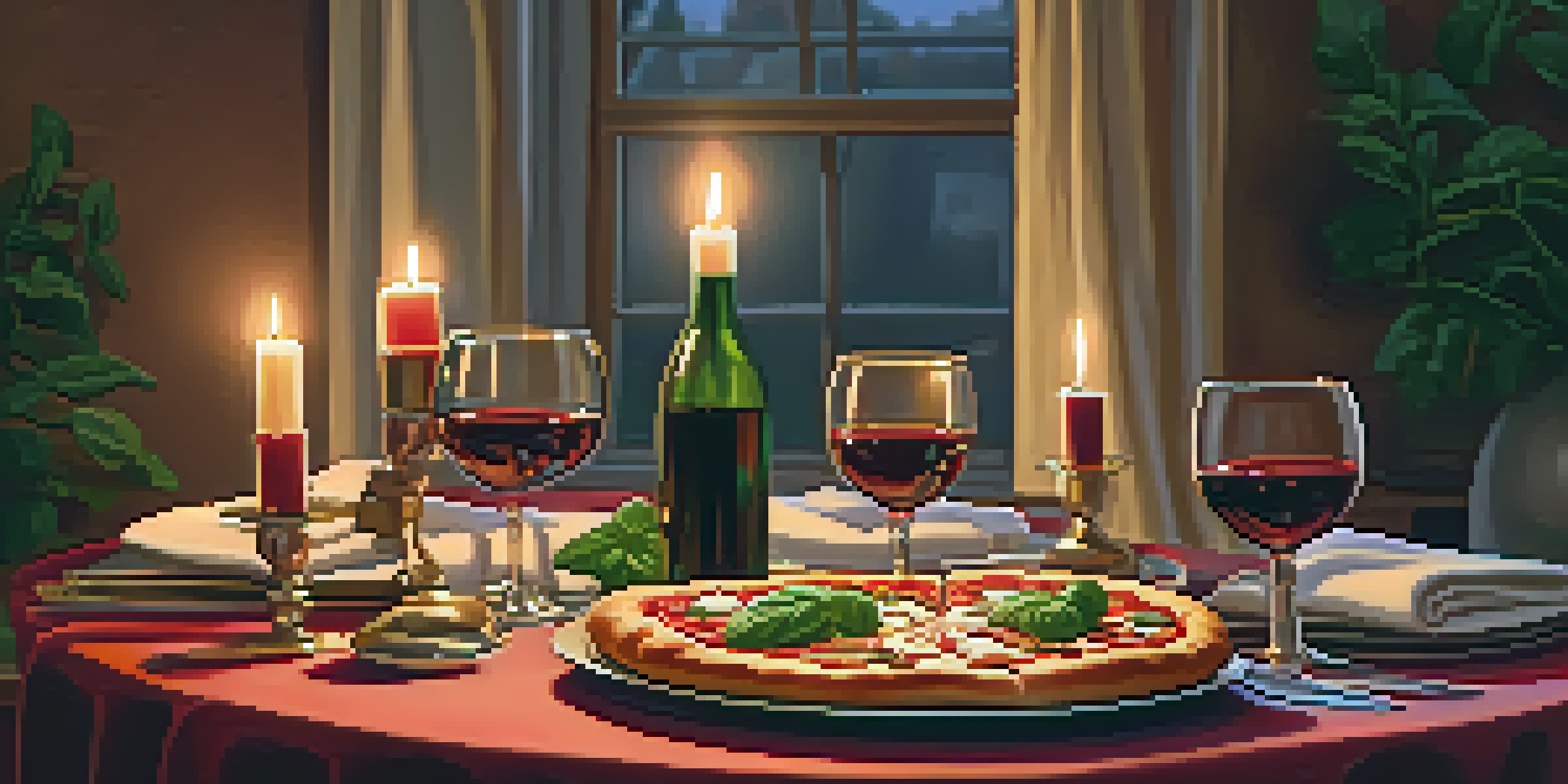 A romantic dinner setting with a pizza, candles, and a vintage television showing a romantic comedy.