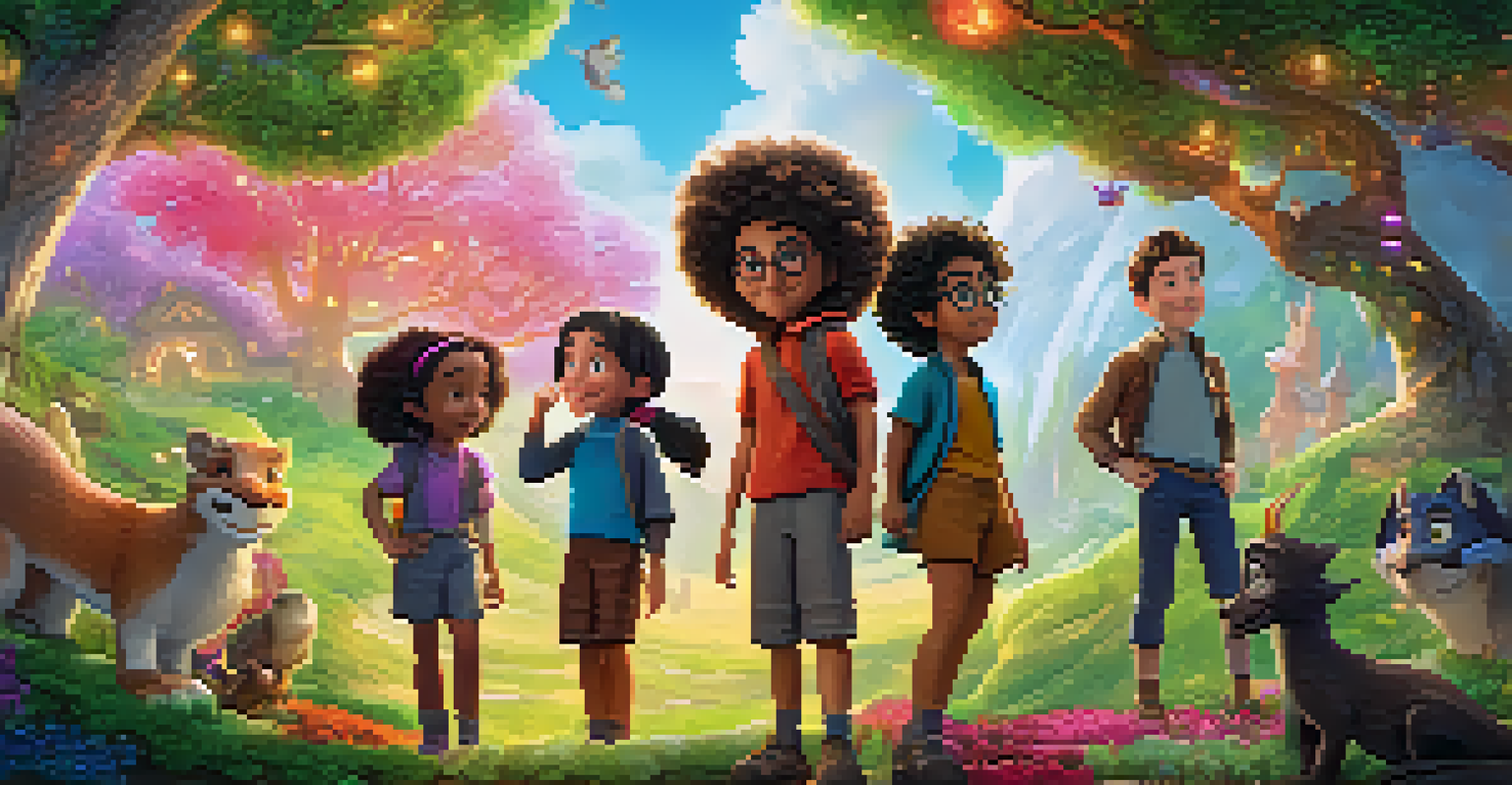 A colorful character design featuring a diverse group from a family film, including a girl, a boy, a dragon, and a tree in a magical forest.