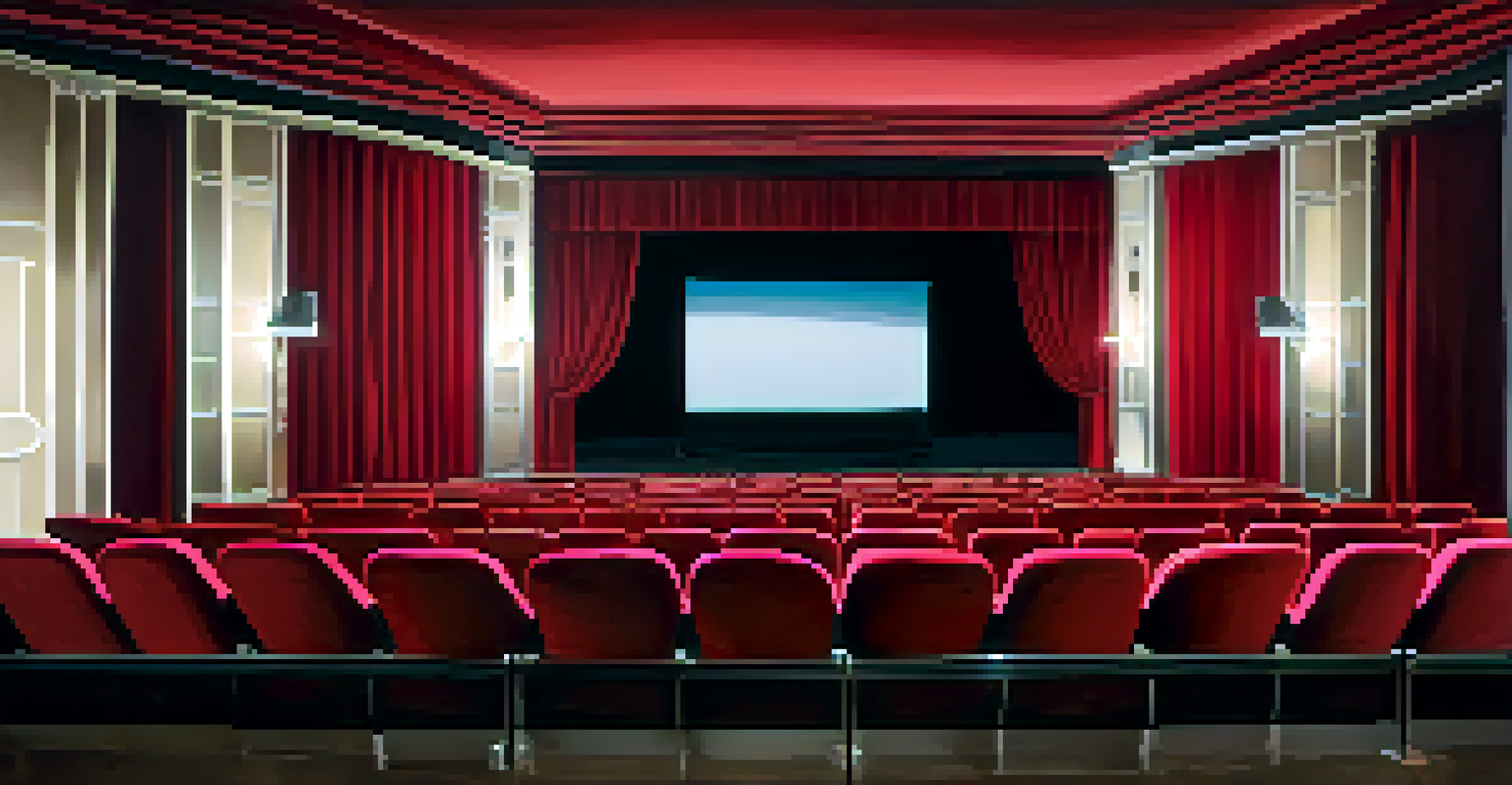 An empty cinema hall with red seats and a large screen displaying a dramatic movie scene.