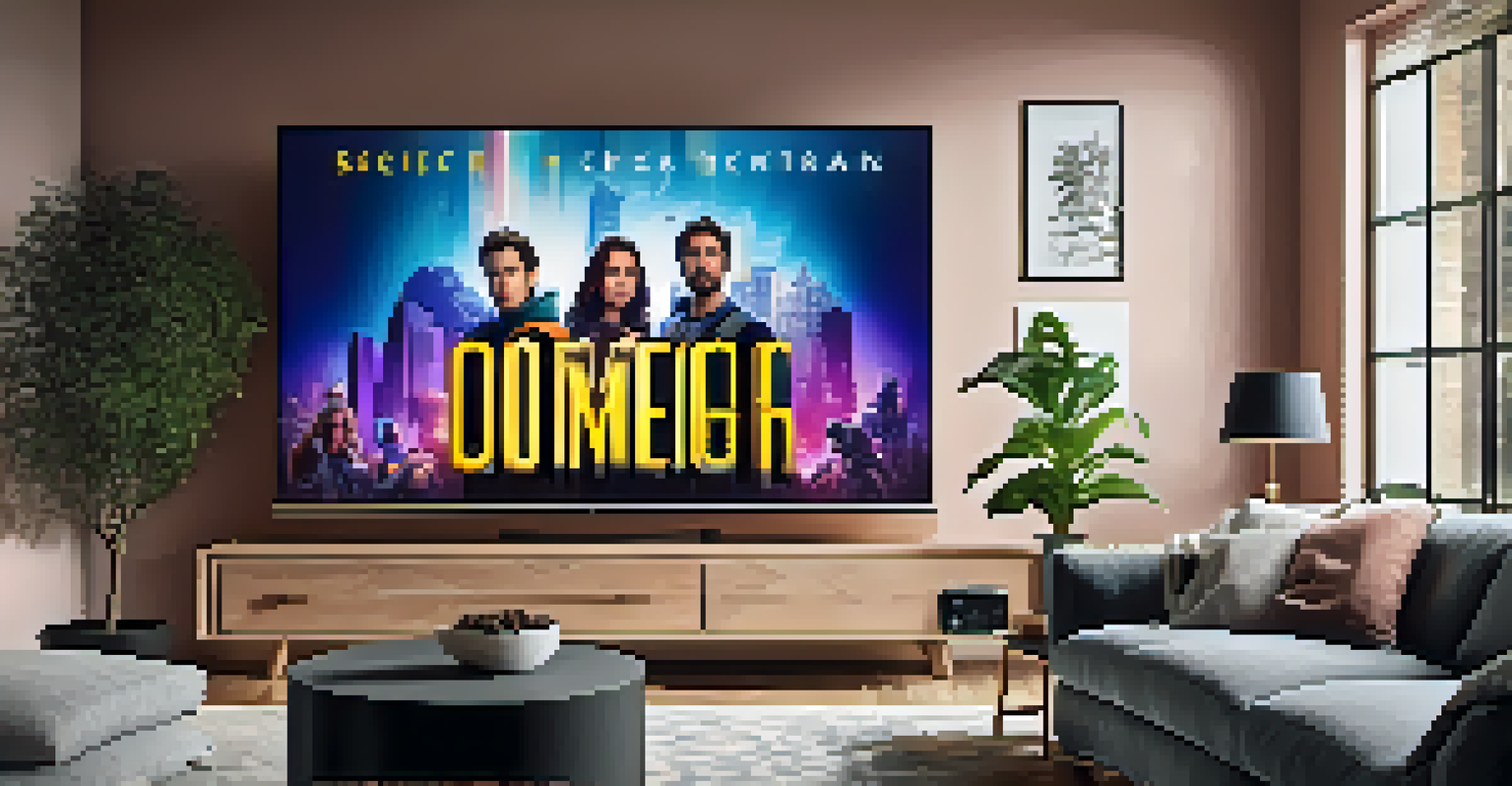 A modern living room with a large TV displaying movie posters and a cozy couch with snacks, highlighting a streaming service.